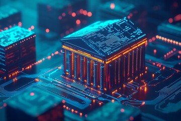 CBDC central bank digital currency Concept. A conceptual digital artwork depicting the intricate, glowing circuitry of a futuristic central bank, symbolizing advanced financial technology.