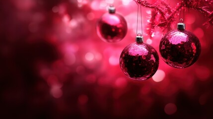 Fototapeta premium Red Christmas ornaments hanging on tree branch, bokeh background, festive holiday greeting card