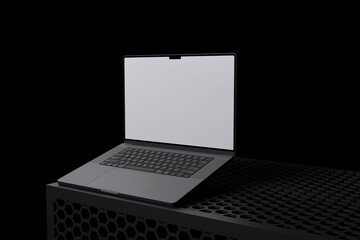 White screen laptop on table with black background color for mockup template