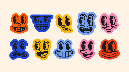 Cartoon face stickers – Y2K abstract mascots- Collection of bold, abstract cartoon faces with expressive emotions — happy, goofy, confused, and more. Y2K-inspired design for playful sticker packs.