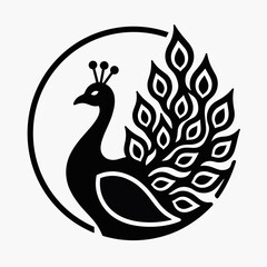 An elegant black silhouette of a peacock in a circular frame, a minimalist and modern vector logo for a luxury brand, spa, beauty salon, or wellness company.
