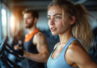 Fototapeta premium Focused young woman with ponytail working out on exercise machine in gym with blurred man exercising in background