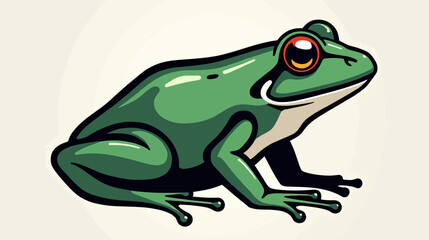 A detailed, stylized illustration of a green tree frog with striking red eyes, a modern vector mascot for nature conservation or educational branding.
