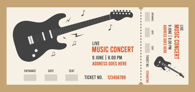 Music concert ticket template with guitar illustration