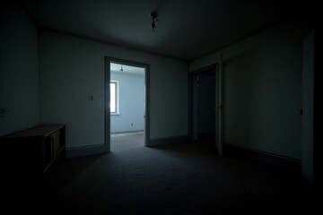 Dark and vacant room with open doorways suggests abandonment and unknown stories, interior shot.