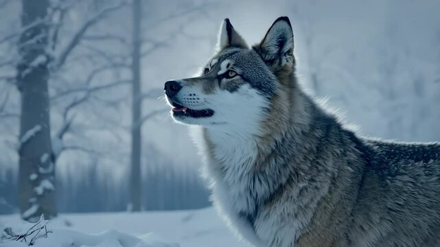 White wolf-like canines, including Siberian Huskies and arctic wolves, are stunning winter animals often depicted in snowy portraits