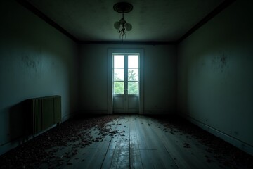 Eerie room with leaves on the floor and sunlight streaming through the doorway evokes decay