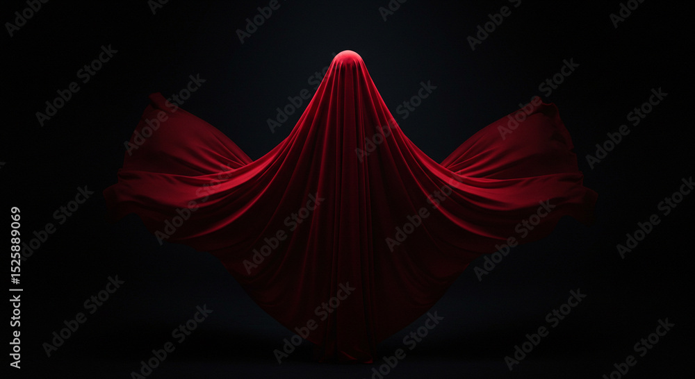 Poster a mysterious figure covered in a red fabric in a dark setting creating drama