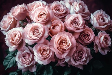 Obraz premium Close-up of a bouquet of soft pink roses with lush green leaves, conveying elegance and delicate beauty