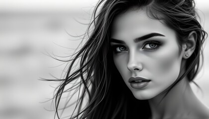 Fototapeta premium a close up of a woman's face is captured within a geometric grid pattern, emphasizing her features against the blurred background. her eyes are focused, and she has a subtle expression