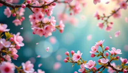 a close up view of cherry blossoms in full bloom against a blurred blue background