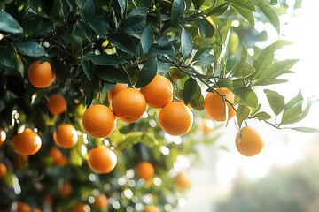 Bright ripe oranges hanging on lush green branches with sunlight filtering through leaves, evoking freshness and abundance