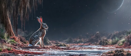 A hare gazes at the night sky over a moonlit landscape