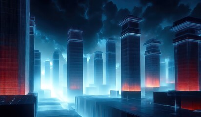 Fototapeta premium Futuristic cityscape with tall glowing skyscrapers under dark cloudy sky emitting blue and red neon light creating a mysterious atmosphere