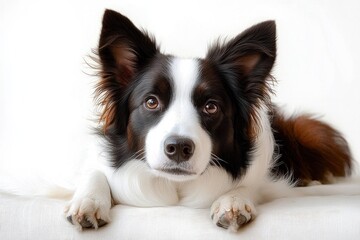 close-up of attentive black and white dog lying down with alert ears and wide expressive eyes on a white background