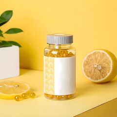 Sleek vitamin A softgel bottle mockup displayed on a cheerful lemon‑yellow surface, highlighting minimalist labeling for fresh, clean supplement branding.