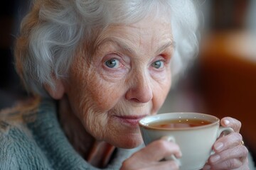 Close-up of an elderly woman with white hair gently holding and smelling a white cup of tea, displaying a peaceful and reflective expression