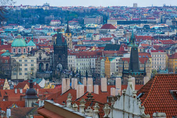  Scenic view of the old district of the Czech capital Prague with many red roofs, churches and...