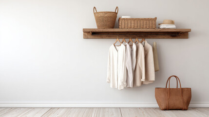 minimalist wardrobe displayed on clean background featuring few essential clothing items in neutral colors