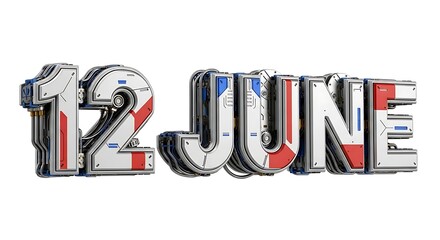 12 June: Futuristic Mechanical Date Isolated on White, Sci-Fi Style