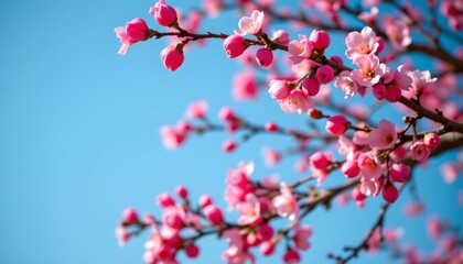 a close up view of cherry blossom tree branches adorned with small pink flowers against a clear blue sky backdrop