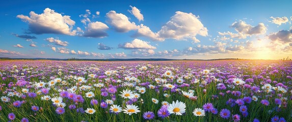 Vast field of purple and white daisies under a blue sky with scattered clouds during a bright sunset