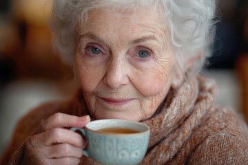 close-up of a serene elderly woman with white hair holding a ceramic cup of tea while wearing a cozy brown sweater indoors