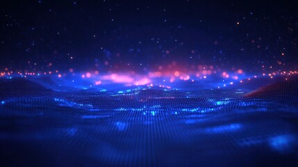 Abstract digital landscape with flowing grid of blue dots and glowing pink and orange orbs creating a futuristic and dynamic atmosphere