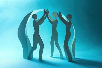 Paper cutout figures standing in a circle with hands raised and touching, symbolizing connection and unity on a blue background