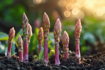 Young pink asparagus shoots emerging from rich soil with soft sunlight and blurred green background creating a fresh and hopeful mood