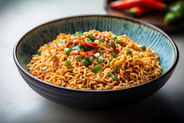 Bowl of spicy cooked instant noodles garnished with chopped green onions and sliced red chili peppers