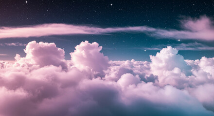 Stunning image of fluffy pink clouds floating in the sky with stars at night