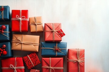 Neatly arranged festive wrapped gifts in red, blue, and brown paper, tied with natural twine and small decorative berries on a light wooden surface, evoking warmth and celebration