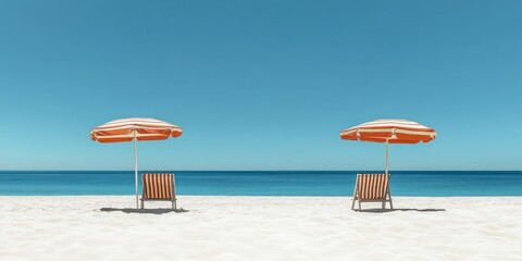 Two empty striped beach chairs under matching striped umbrellas on a pristine sandy beach with calm blue ocean and clear sky