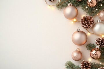 Festive arrangement of pine cones, green fir branches, warm string lights, and elegant gold and matte champagne Christmas baubles on a light textured background