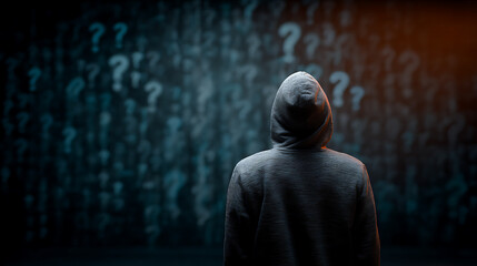 Contemplative figure surrounded by uncertainty.