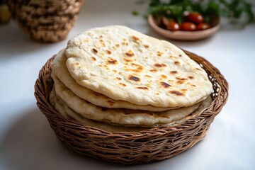 Stack of freshly cooked flatbreads with golden brown spots placed in a brown woven basket on a white surface with blurred natural background
