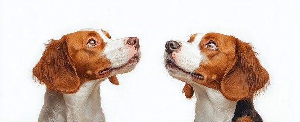 Two attentive brown and white dogs looking upward against a white background with calm and curious expressions
