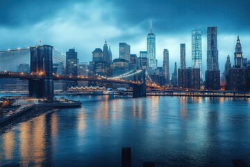 Evening city skyline with illuminated bridge over calm river under dramatic cloudy sky