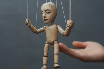 close-up of a wooden marionette puppet with closed eyes held by strings and a human hand beneath it against a blurred gray background, conveying calmness and control