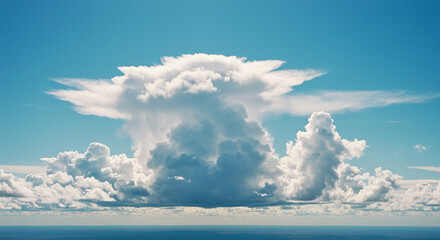 Beautiful cumulus clouds in a blue sky with a seascape as background scenery