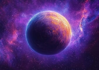 A majestic planet glowing with warm orange and purple hues surrounded by a vibrant galaxy filled with stars and nebulae, evoking a sense of cosmic wonder.