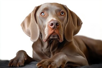 close-up of a brown dog with soulful eyes lying down on a dark surface against a white background, showing calm and attentive expression