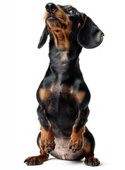 small dachshund dog sitting upright with front paws raised looking up attentively on white background