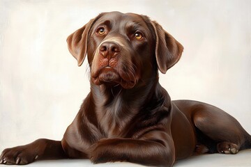 Portrait of a calm and attentive chocolate brown Labrador retriever dog lying down looking upwards with soft lighting