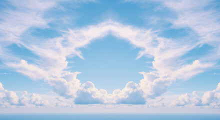 Symmetrical composition of fluffy white clouds against a bright blue sky background