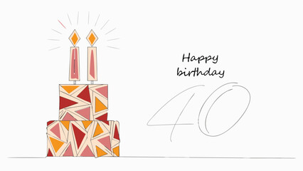 A birthday cake with candles and the words happy birthday written next to the number forty on white background