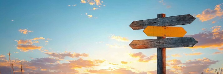 Wooden signpost with three arrow signs against a vibrant sunset sky with scattered clouds over a natural grassland