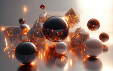 Shiny reflective spheres and geometric wireframe polyhedrons floating and resting on a smooth surface with warm orange lighting creating a futuristic and abstract atmosphere
