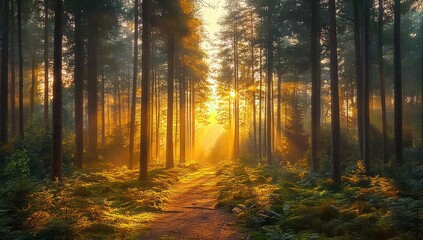 Sunlight streaming through tall pine trees illuminating a forest path with lush green ferns on a misty morning